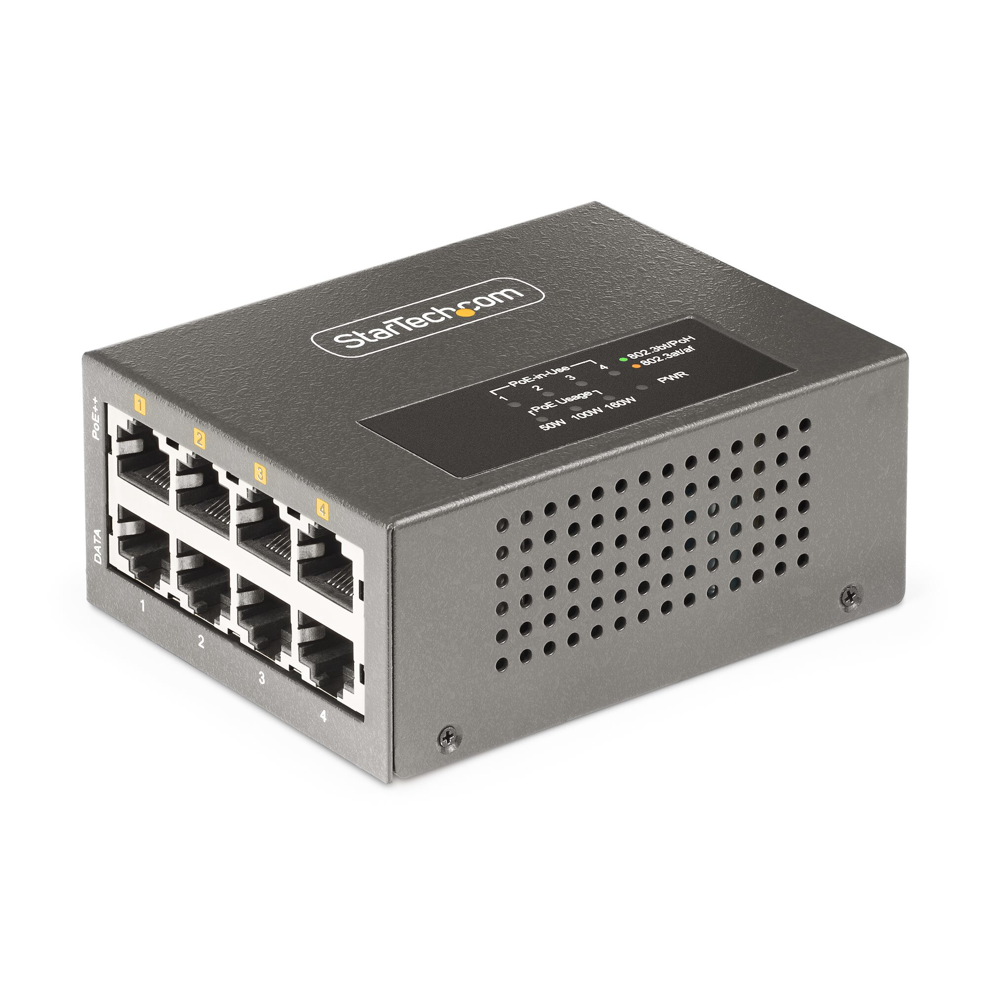 StarTech.com 4-Port Multi-Gigabit PoE++ Injector, 5/2.5/1G Ethernet (NBASE-T), PoE/PoE+/PoE++ (802.3af/802.3at/802.3bt), 160W PoE Budget, Wand/DIN Rail Monteerbaar, Onbeheerd
